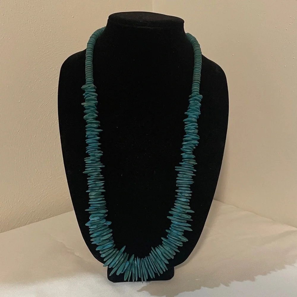 Vintage Teal blue chunky wood chip long necklace